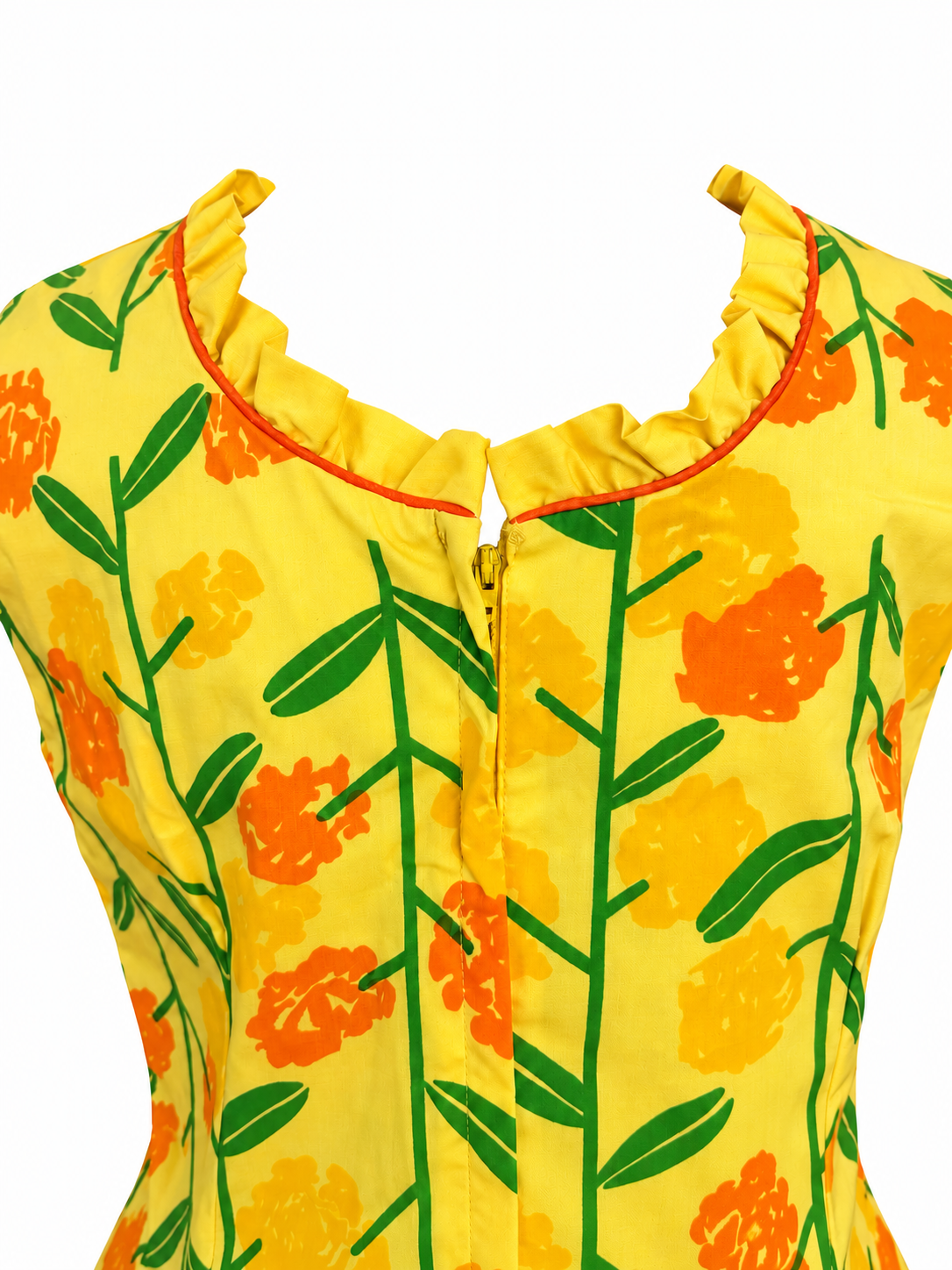 The Vested Gentress yellow floral maxi dress — Back neckline and zipper detail