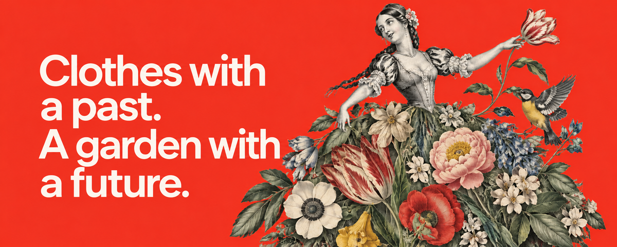 Clothes with a past. A garden with a future. Vintage woman with a botanical skirt on red.
